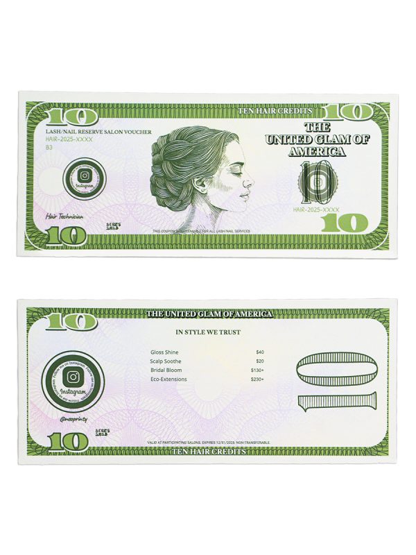 Custom Dollar Bill Style Coupon Cards for Beauty Salons & Local Businesses